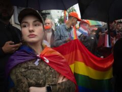 LGBT Ukrainian service personnel rallied in Kyiv calling for legal reforms to allow people in same-sex partnerships to take medical decisions for wounded soldiers and bury victims of the war with Russia that extended across Ukraine more than two years ago (Efrem Lukatsky/AP)