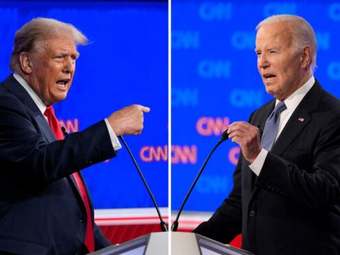 This combination of photos shows Republican presidential candidate former president Donald Trump, left, and President Joe Biden during a presidential debate hosted by CNN, Thursday, June 27, 2024, in Atlanta (Gerald Herbert/AP)