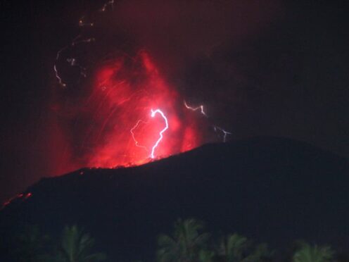 Mount Ibu spews volcanic materials during an eruption on Halmahera Island (Badan Geologi via AP)