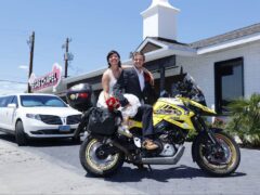 Ollie and Lavi travelled nearly 47,000 miles on their adventure, while getting married in Las Vegas. (Credit: Suzuki Press UK)