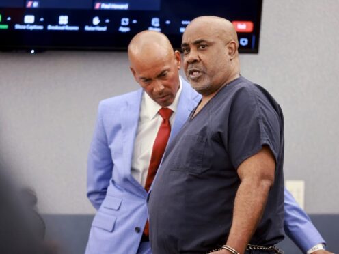 Duane ‘Keffe D’ Davis, in court with his lawyer Carl Arnold (KM Cannon/Las Vegas Review-Journal via AP)