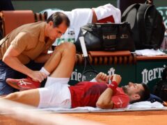 Novak Djokovic receives treatment to his knee at the French Open (Jean-Francois Badias/AP)