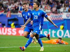 Lazio forward Mattia Zaccagni (20) struck a dramatic goal to send Italy into the last 16 of Euro 2024 (Petr David Josek/AP)