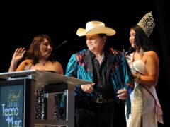 Johnny Canales, host of the Johnny Canales Show, who has died aged 77, is honoured with a lifetime achievement recognition during the Tejano Music Awards in San Antonio, Texas in 2012 (Billy Calzada/The San Antonio Express-News via AP)