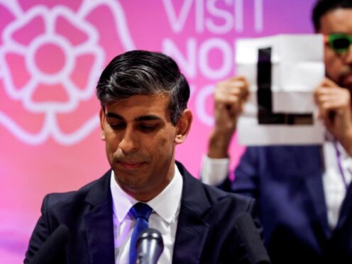 Rishi Sunak said it had been a ‘difficult night’ and apologised to Conservative candidates who had lost their seats (Temilade Adelaja/PA)