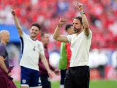 England boss Gareth Southgate enjoyed the post-Switzerland celebrations (Bradley Collyer/PA)