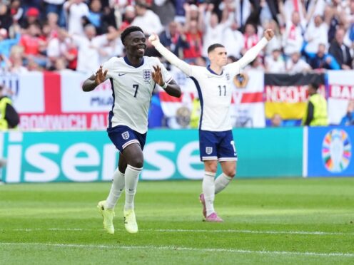 England’s Bukayo Saka celebrates after scoring during the UEFA Euro 2024, quarter-final match at the Dusseldorf Arena, Germany (Bradley Collyer/PA)