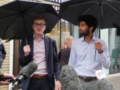 Dr Robert Laurenson (left) and Vivek Trivedi (right), the co-chairmen of the BMA’s junior doctors’ committee, speak to the media after leaving the Department for Health in central London, following a meeting with Health Secretary Wes Streeting to discuss their pay dispute (Lucy North/PA)