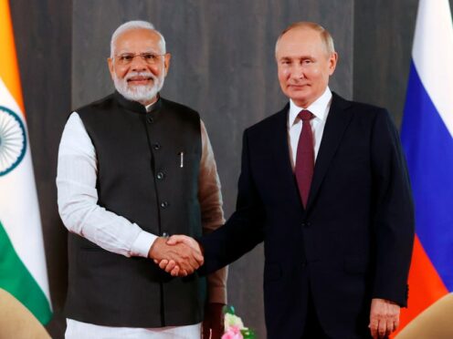 Russian President Vladimir Putin, right, and Indian Prime Minister Narendra Modi in 2022 (Alexandr Demyanchuk, Sputnik, Kremlin Pool Photo/AP)