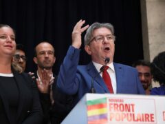 Far-left La France Insoumise – LFI – (France Unbowed) founder Jean-Luc Melenchon delivers a speech at the party election night headquarters in Paris (Thomas Padilla/AP)