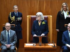 Governor-General of Australia Sam Mostyn speaks during the swearing in ceremony in the Senate chamber at Parliament House in Canberra, Monday, July 1, 2024, as Prime Minister Anthony Albanese, left, listens. (Lukas Coch/AAP/AP