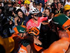 Dylan Groenewegen celebrated victory on stage six of the Tour de France (Daniel Cole/AP)