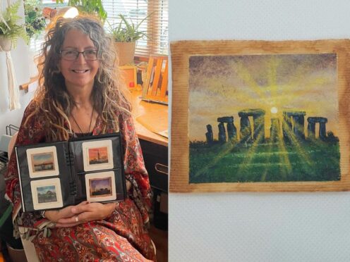 Caroline West has painted UK landmarks, including Stonehenge, on used teabags (Ella Sandy/Caroline West/PA)