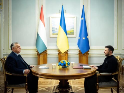 Ukrainian President Volodymyr Zelensky, right, and Hungarian Prime Minister Viktor Orban hold a meeting in Kyiv, Ukraine (Zoltan Fischer/PA)