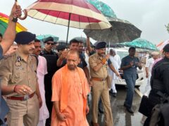 Uttar Pradesh State Chief Minister Yogi Adityanath visits the place where a fatal stampede took place in Fulrai village of Hathras district (Rajesh Kumar Singh/AP)