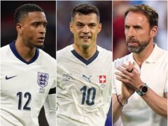 Ezri Konsa (left) could start for England against Granit Xhaka’s (centre) Switzerland and Gareth Southgate (right) makes it 100 games in charge of the senior team. (Mike Egerton/PA/Martin Rickett/PA/Bradley Collyer/PA)