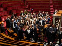 The group of elected parliamentarians of the France Unbowed party gather inside the National Assembly (Michel Euler/AP)