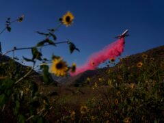 A plane drops retardant on a hillside during the Sharp Fire in Simi Valley, California (Eric Thayer/AP)
