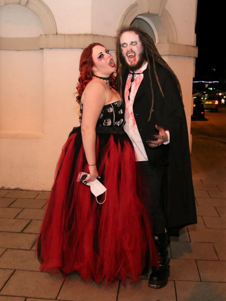 This photograph shows Hope Strang and Allan Craik disguised as a pair of frightening vampires as they headed to the monster's ball in Campbeltown Town Hall last Saturday night.
