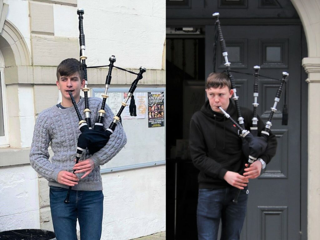Young pipers Ewan O'May, left, and William McLean, right, piped at the craft fair.