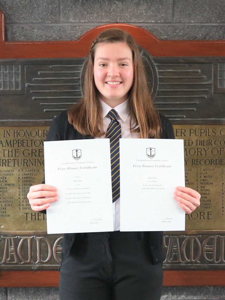 Jane Scott, winner of the School Prize for Physical Education and Excellent Achievement Awards for English, Mathematics and Geography.