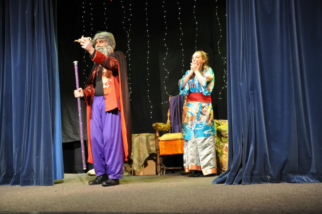 Abanazar, the wicked uncle played by Patrick Scott, is delighted to regain the magic lamp while the princess realises she has been tricked.
