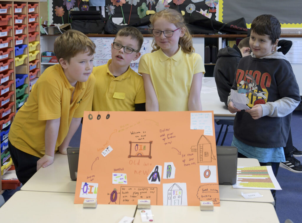 Primary Five pupils Tai McEachern, Finn Laggan, Erin MacPherson and Oliver Zal talk about their recycling plans to turn a range of old products into new ones.   Photograph: Iain Ferguson, alba.photos

NO F50 Inverlochy Circular Challenge 08