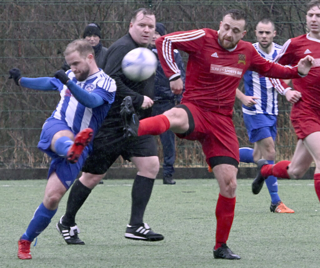 SLT’s Man of the Match Dave Forbes in a strong tackle. Photograph: Iain Ferguson, alba.photos
