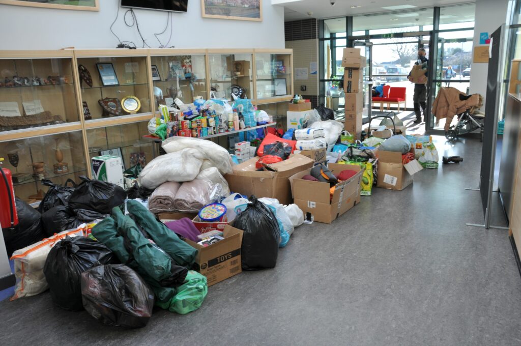 A small portion of the donations which were being replenished as quickly as volunteers could sort them.