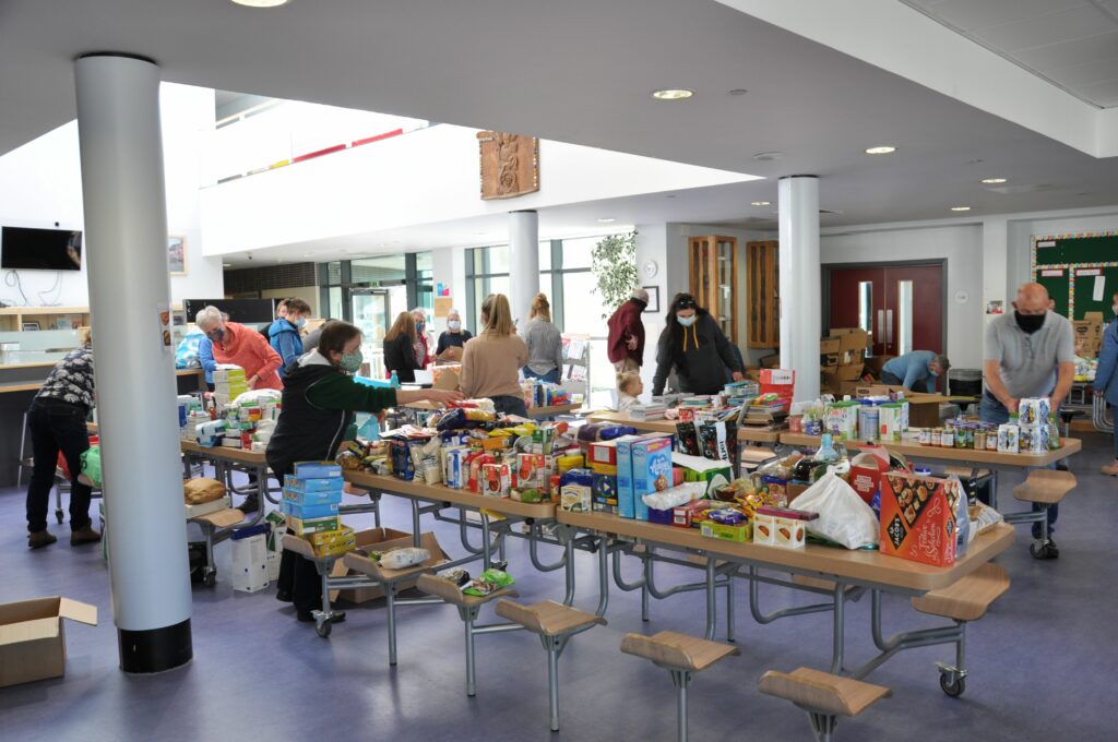 The cafeteria at Arran High was a hive of activity as volunteers separated and categorised the donations.