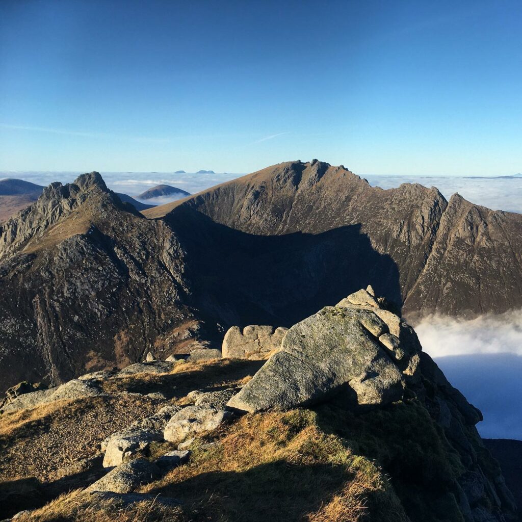Poetic inspiration can be derived from the spectacular views on offer, such as this cloud inversion at North Goatfell. Photograph: Corinna Goeckeritz.
