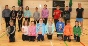 Scotland international badminton player and coach Sarah Sidebottom, back right, with the primary school players.