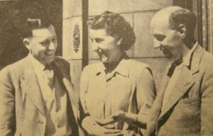 In 1952: Miss Elizabeth McPhail, Lochgilphead, senior medal winner at the Kintyre Mòd, with secretary Donald Ronaldson and president Hector MacNeill.