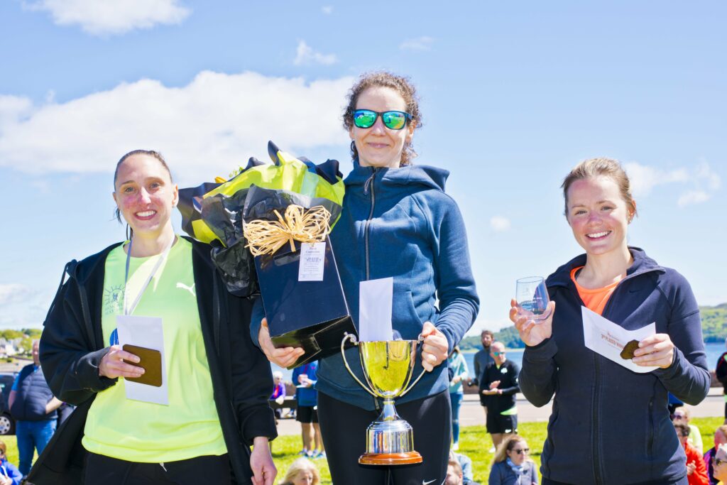 Ladies' half marathon winner Fiona Balfour, centre, with second placed Isabel Leming, left, and third placed Fiona Cook, right. Photograph: John McFadyen.