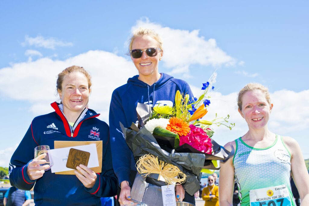 Ladies' 10K winner Jennifer Martin, centre, with second placed Laura Massey, left, and third placed Lorraine Macpherson, right. Photograph: John McFadyen.