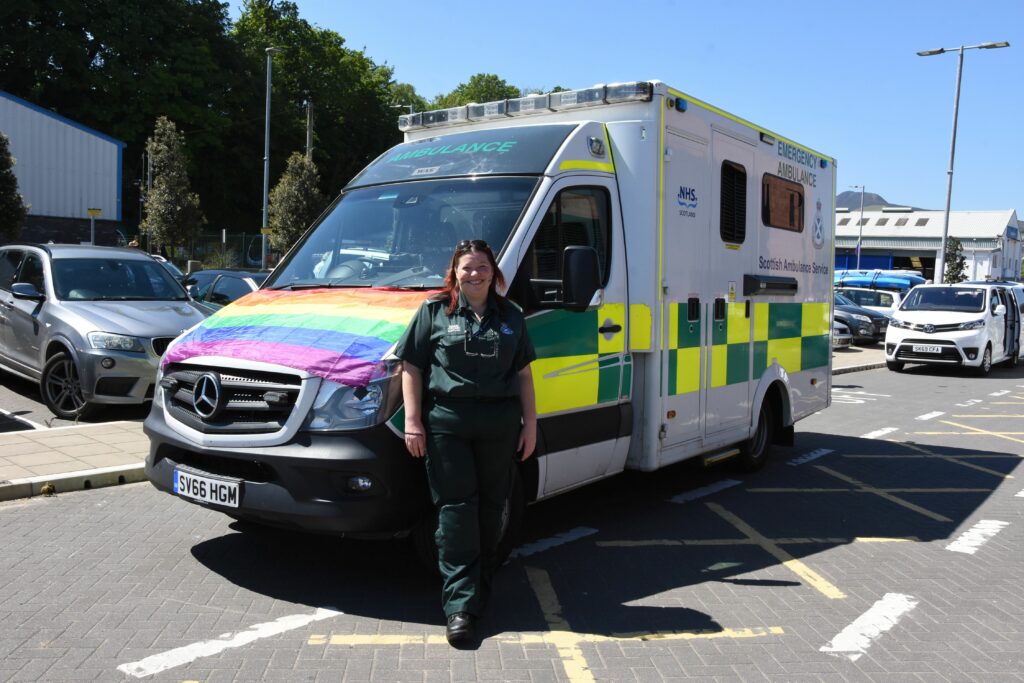 Emma Giering Campbell of the Scottish Ambulance Service showed her support for Pride .