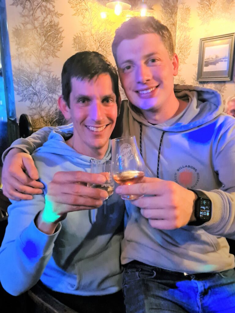 Friendships made during the day continued well into the night. Here, Iain Kennedy from Renfrewshire and Dan Mulqueen from Oban enjoy a dram on Friday evening.