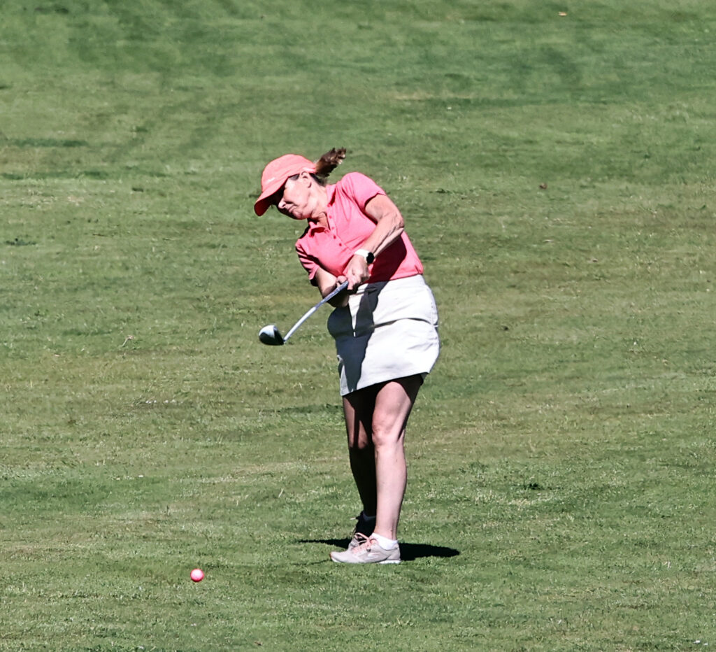 Christine Cameron play from the 18th fairway. Photograph: Kevin McGlynn.