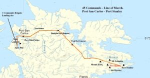 Map of the extent of the "Yomp" undertaken by 45 Commando in the Falklands