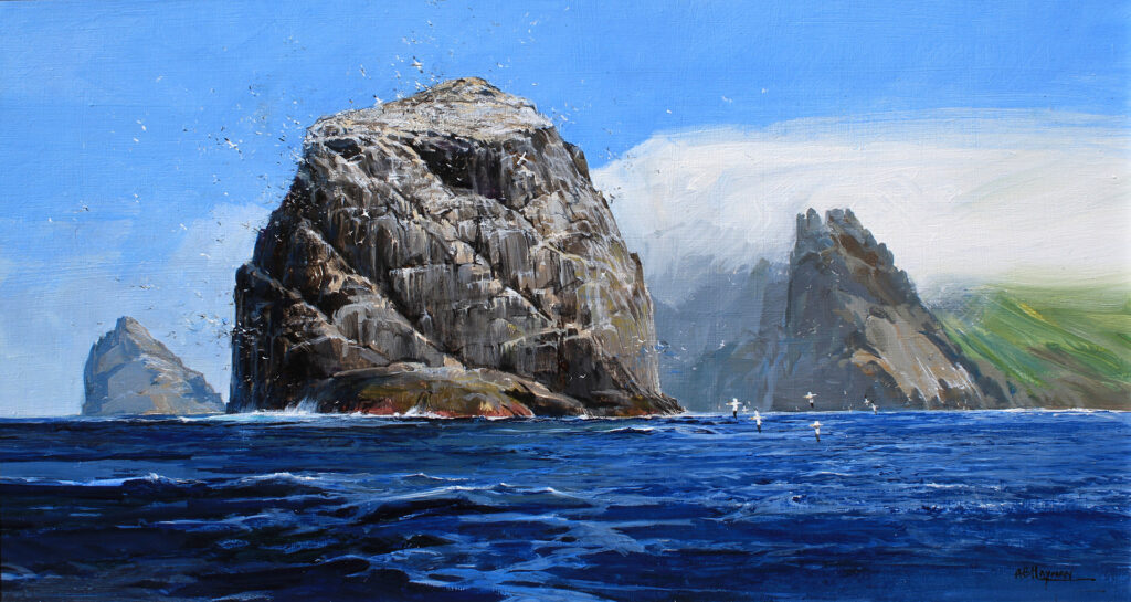 Stac Lee, Stac Armin and Boreray from a painting by Alan Hyaman, Morvern through Resipole Galleries, Sunart.