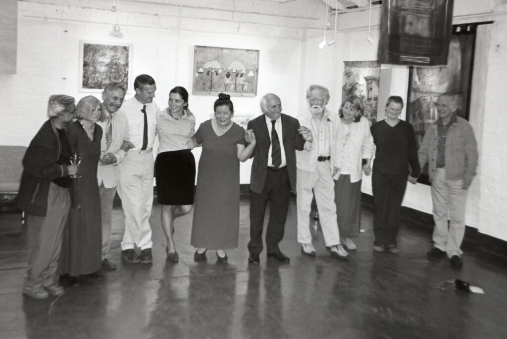 The fraternity of the Burnsiders, an innovative gallery space on Auchrannie road called The Burnside, are: Ramesh Lele; Janet Inglis; John Connolly; Tim Pomeroy; Josephine Broekhuizen; galley proprietor Mhairi Smeir; guest Richard Demarco; Jim Gorman; Audrey Thomson; Alison Bell and Nicky Gill. 01_B31ABTYACS02