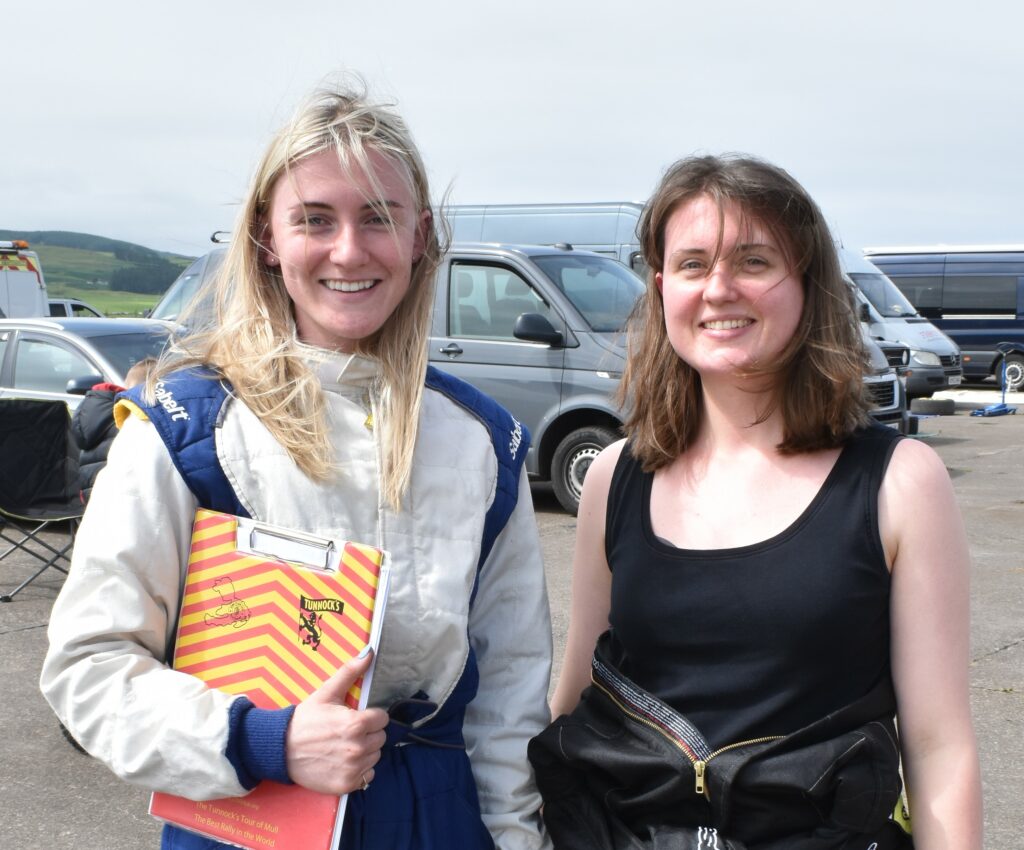 Karen Horne, right, stepped onto the podium with dad Andy after coming 3rd overall in the 2022 Mach1 Stages and 1st Scottish car. Pictured here with sister Alison who was co driver for her Edinburgh-based partner Ben Macdowall.