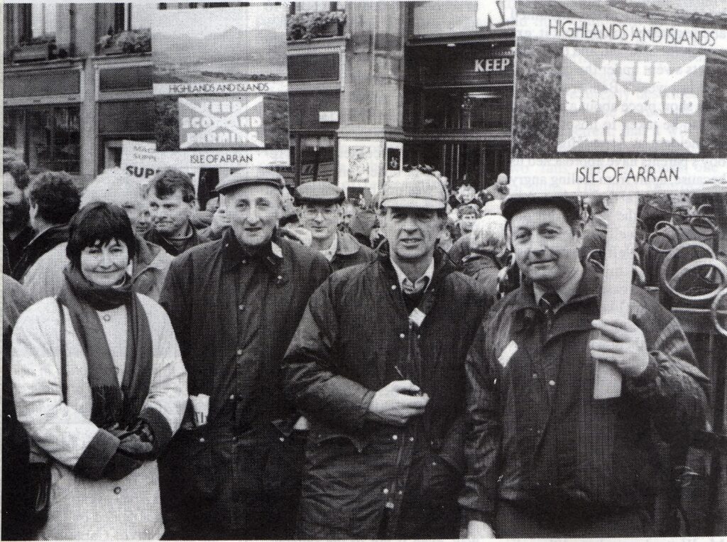 Margie Currie with other Arran farmers George Tod, Geoff Brookes and Neil Henderson at a NFU protest rally in Edinburgh in 1998.