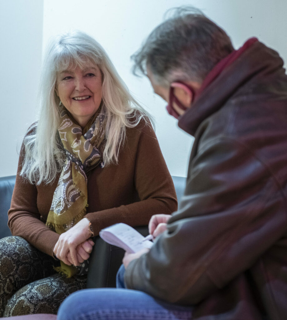 Lesley Riddoch is interviewed by Lochaber Times reporter, Mark Entwistle, prior to her appearance at an independence campaign event in Fort William's Nevis Centre last week. Photograph: Iain Ferguson, alba.photos NO F08 Lesley Riddoch interview