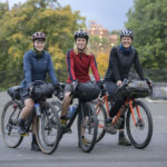 Lee Craigie, Philippa Battye and Alice Lemkes from The Adventure Syndicate head out of Glasgow on the first stage of the trip. Photograph: Wattie Cheung. NO F09 cycling_glw12wc