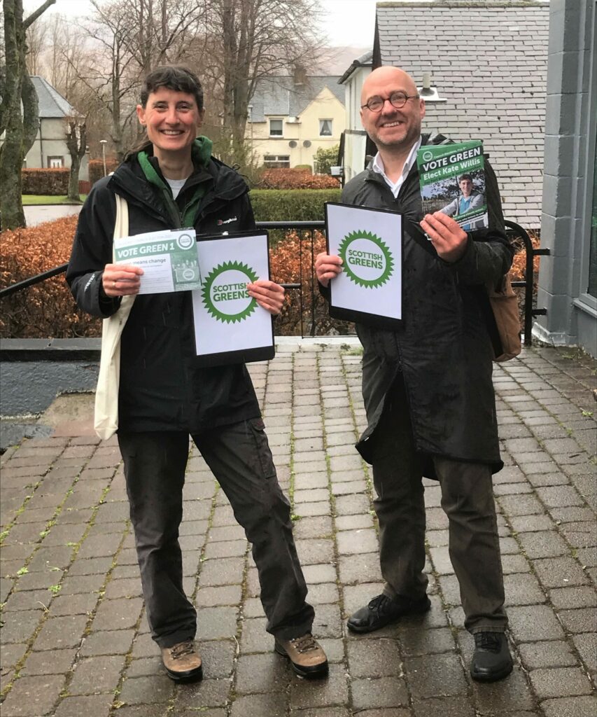 Scottish Greens co-leader, Patrick Harvie, joined Dr Kate Willis on the campaign trail recently. NO F15 PH leaflets cropped