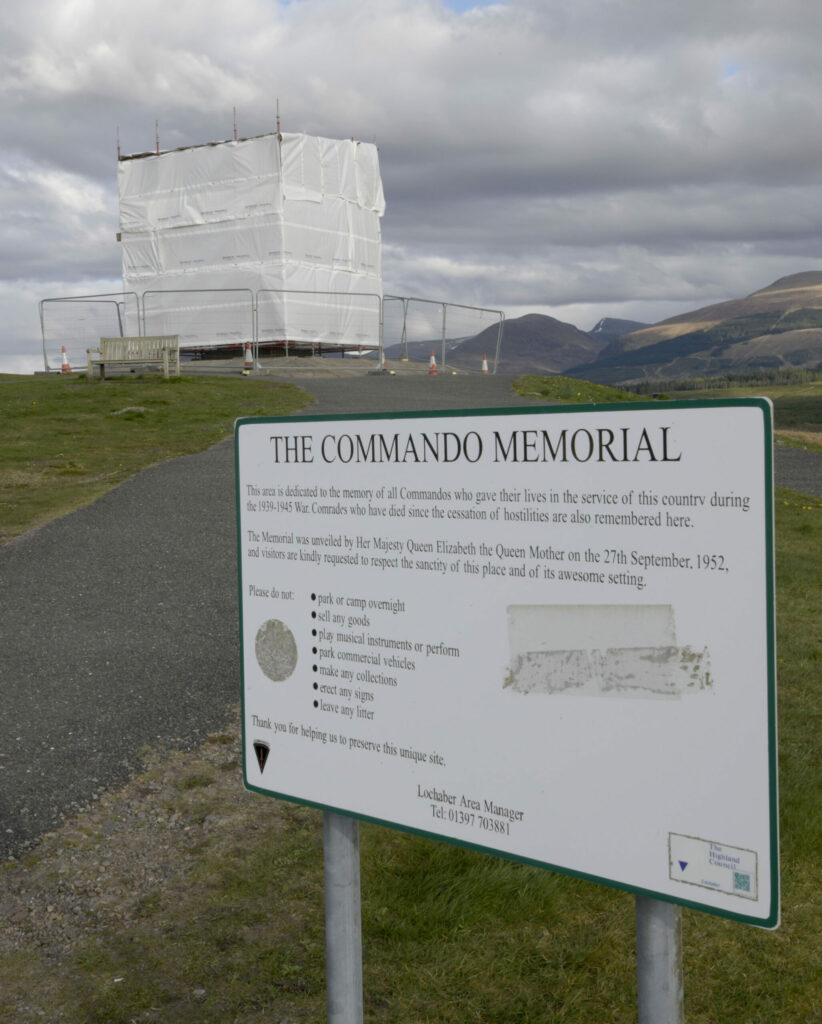 The Commando Memorial, sheeted so that cleaning of the bronze statue can take place. Photograph: Iain Ferguson, alba.photos NO F17 Commando Memorial cleaning 01