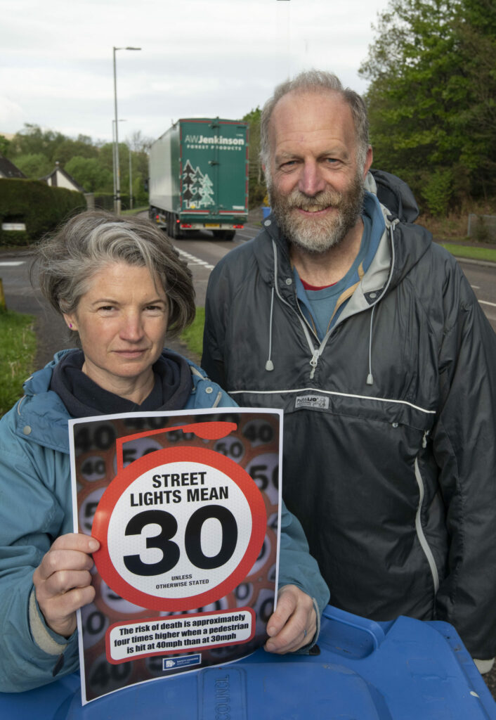 Susannah Calderan and Russell Leaper were distributing the new bin stickers. Photograph: Iain Ferguson, alba.photos NO F20 Corpach speed limit 01