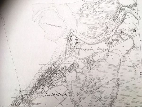 Lochaber Archive Centre holds first (1871) and second (1899) Edition Ordinance Survey maps of Fort William showing changes including arrival of West Highland Railway Line. NO F20 archive map 1