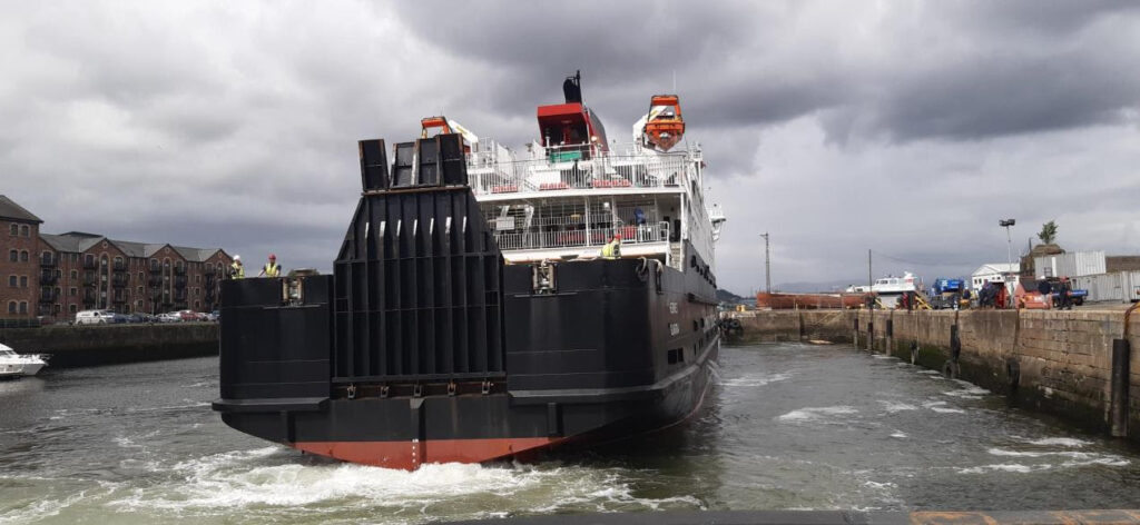 The damaged ferry, MV Hebrides, arrives in Gourock on Friday. NO F21 MV Hebrides 01